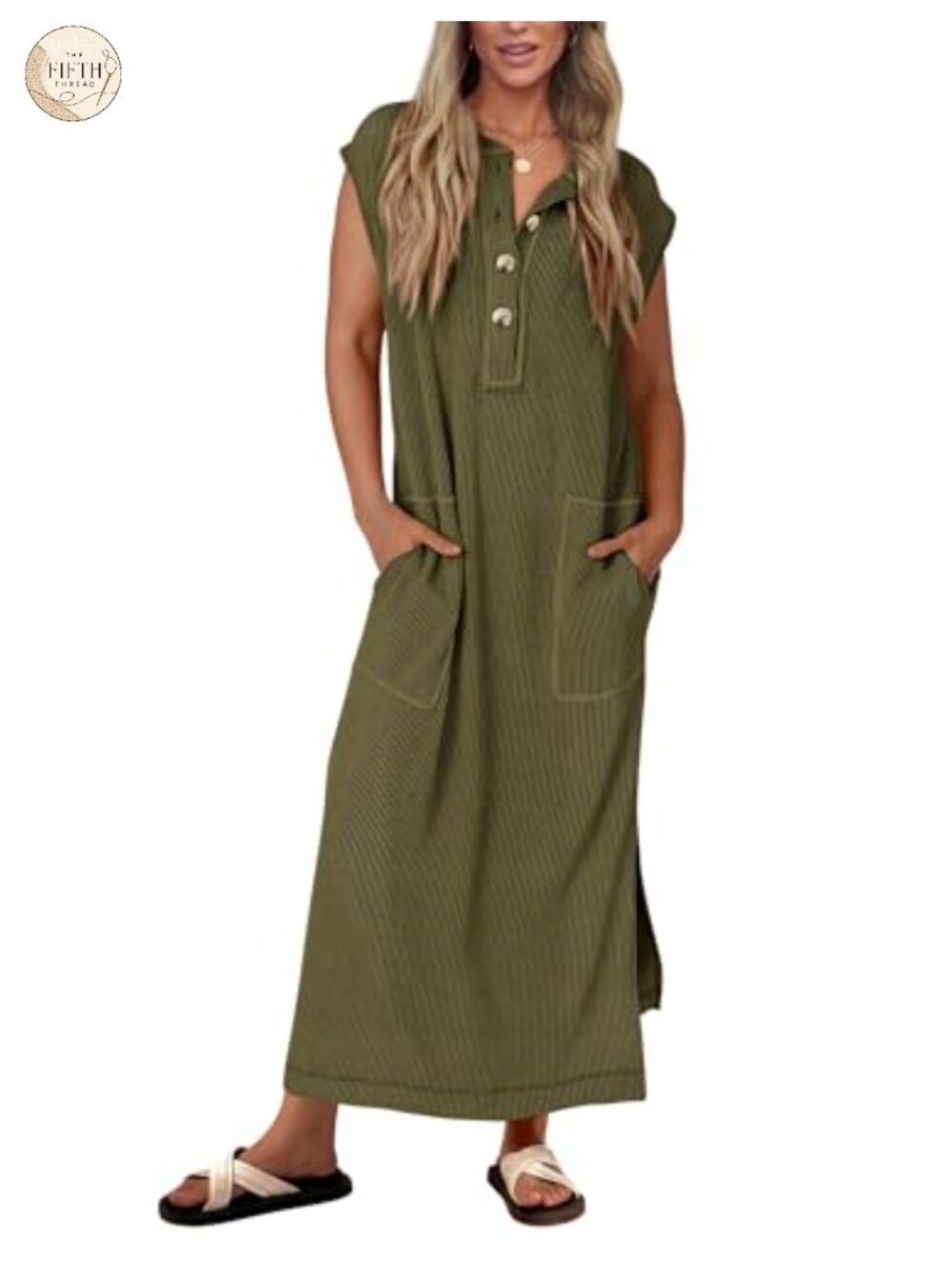 Women's ribbed knit maxi dress with button front and side slit